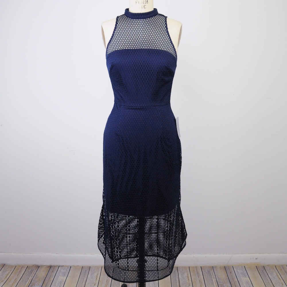 Cooper St Azure Midi Dress 2 Blue Mesh High Neck